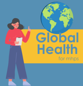 A woman with dark hair styled into a flipped bob wears a red sweater, jeans, and blue sneakers. She holds a clipboard and points to the words " Global Health for MHPs" 